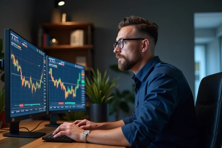 Investisseur masculin analysant des données blockchain et crypto sur double écran dans un bureau moderne
