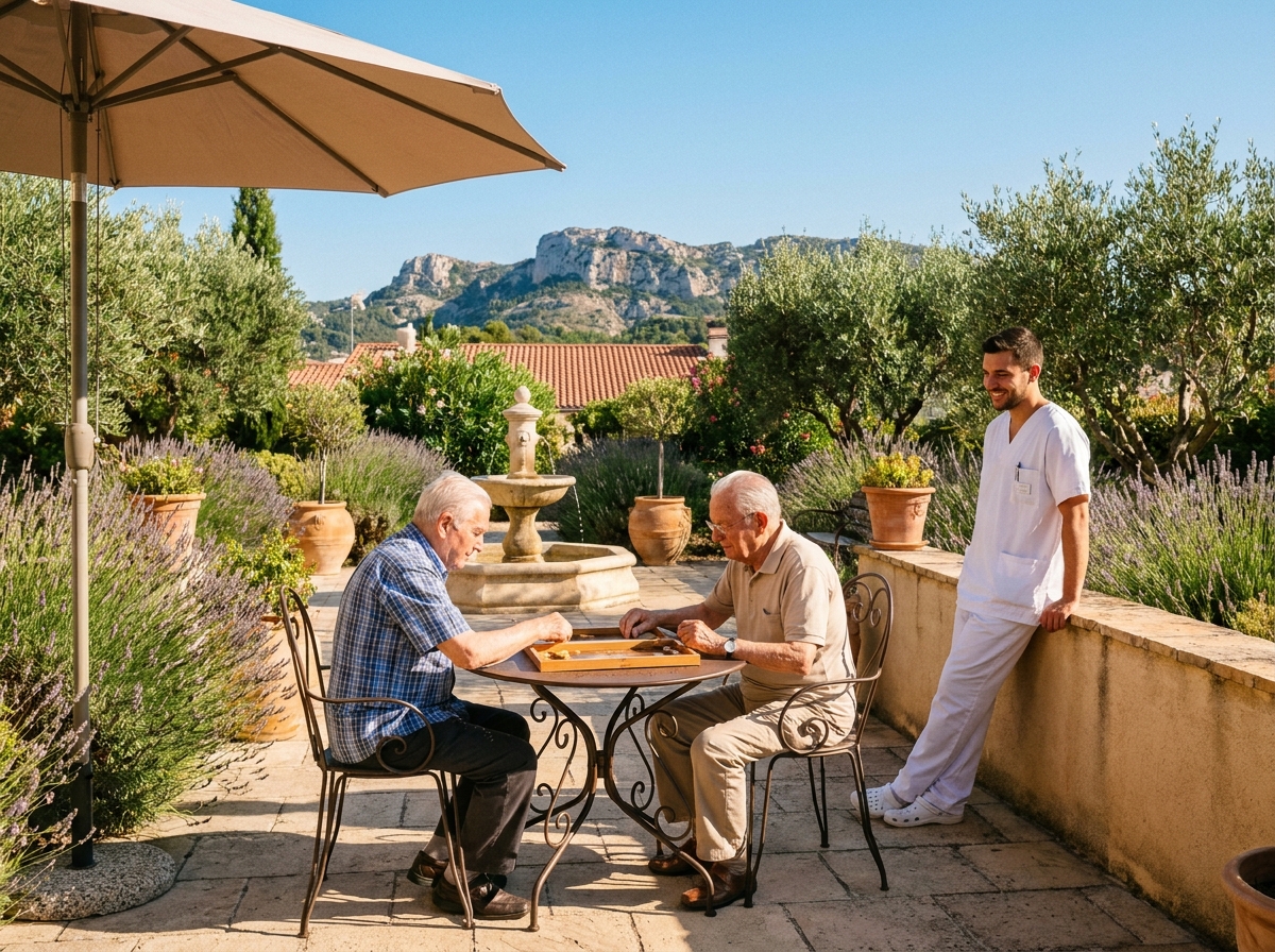 Résidents âgés profitant du jardin extérieur d'un EHPAD à Toulon par beau temps méditerranéen