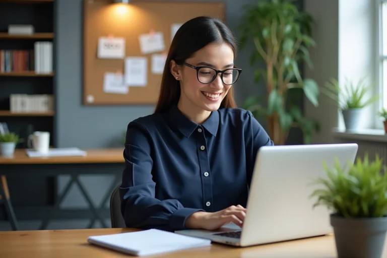 Jeune femme professionnelle travaillant sur un ordinateur dans un bureau moderne