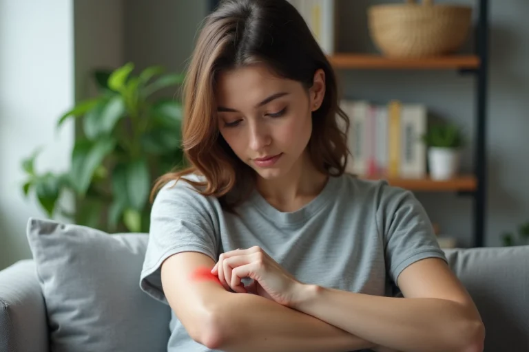 Jeune femme examinant des taches rouges sur son bras