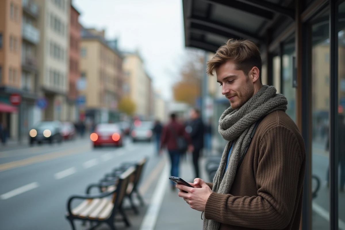Jeune homme dans la rue regardant son téléphone