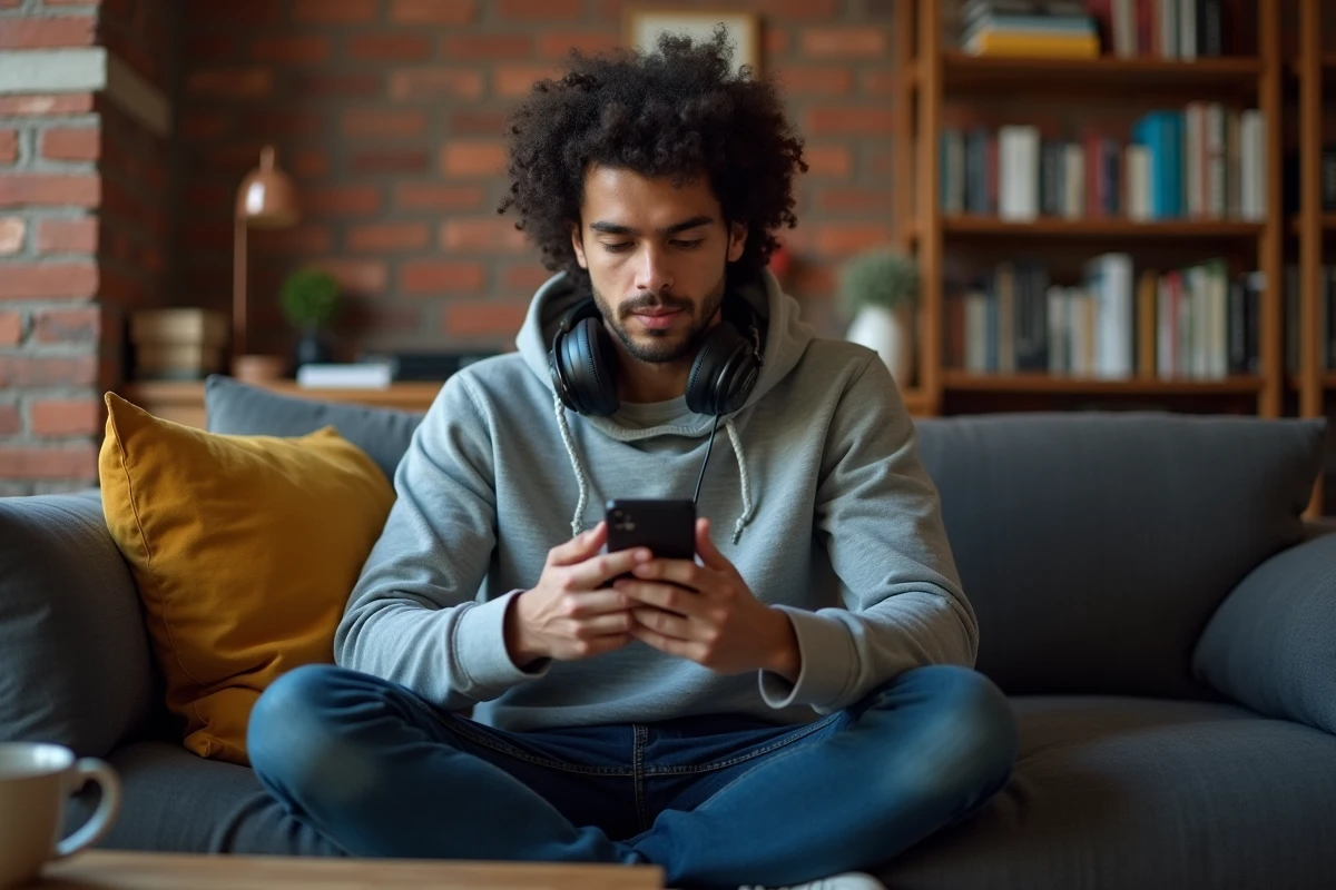 Jeune homme recherchant sur smartphone via un moteur libre et éthique dans un appartement urbain cosy
