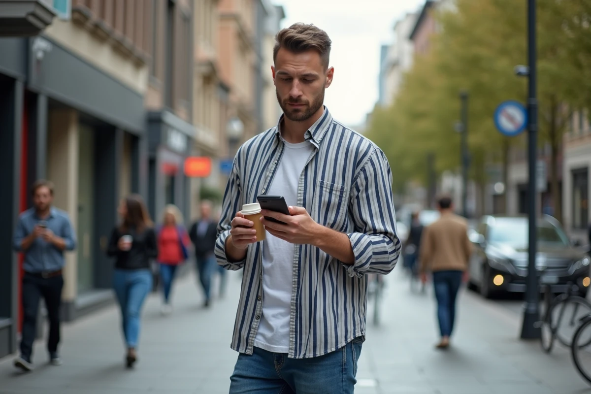 Jeune homme avec café sur un trottoir urbain en ville