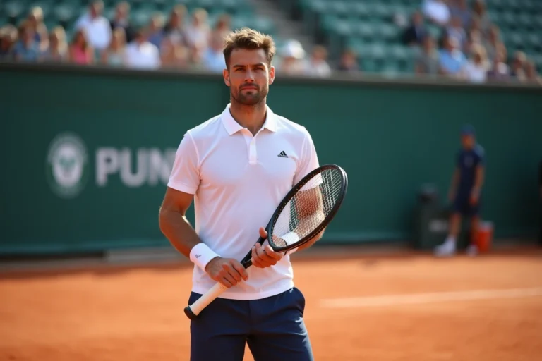 Joueur de tennis professionnel en tenue blanche tenant une raquette sur un court en terre battue lors d'un grand tournoi