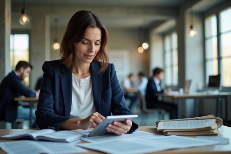 Journaliste femme analysant l'actualité du moment sur une tablette dans une salle de rédaction moderne