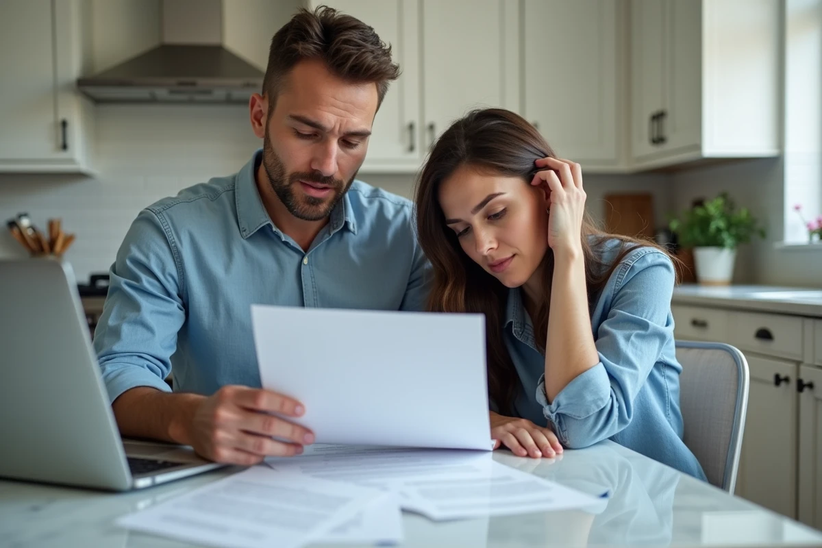 Couple de futurs locataires lisant attentivement un contrat de location dans une cuisine moderne