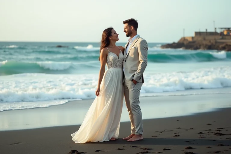 Mariés sur une plage de sable noir volcanique au Cap Vert lors d'une cérémonie de mariage en extérieur