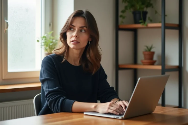 Femme utilisant un moteur de recherche éthique sur son ordinateur portable dans un bureau à domicile minimaliste