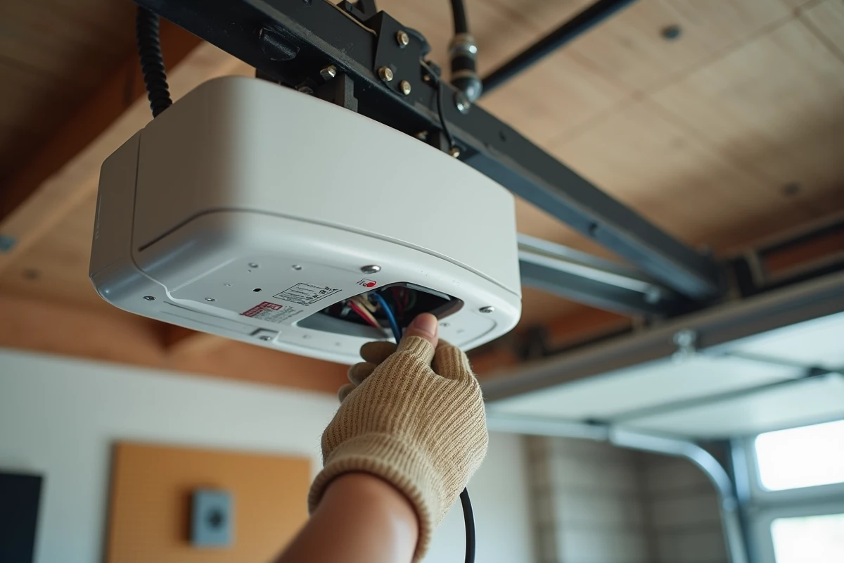 Gros plan sur le panneau de commande du moteur électrique d'une porte sectionnelle avec branchement du câble d'alimentation