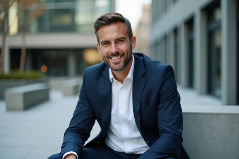 Portrait éditorial d'un homme élégant en veste marine assis dans un espace urbain moderne