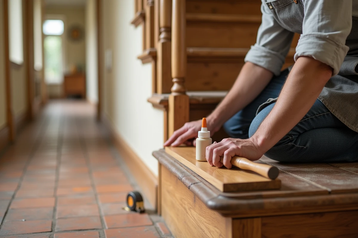Artisan posant un panneau de placage bois sur une contremarche d'escalier lors d'une rénovation intérieure