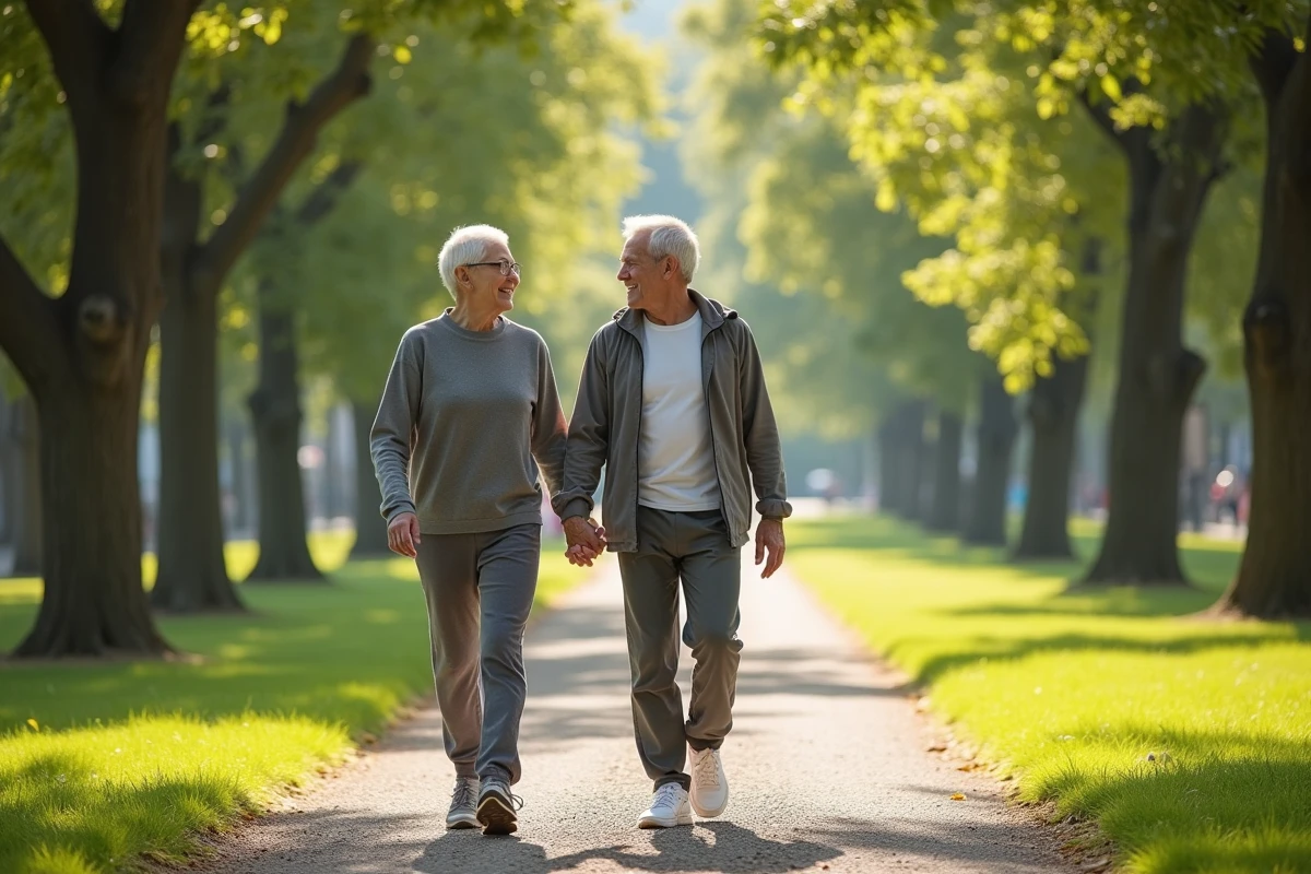 Couple de la cinquantaine marchant ensemble dans un parc public lors d'une promenade matinale, illustrant les bienfaits de l'activité physique régulière pour réduire les dépenses de santé