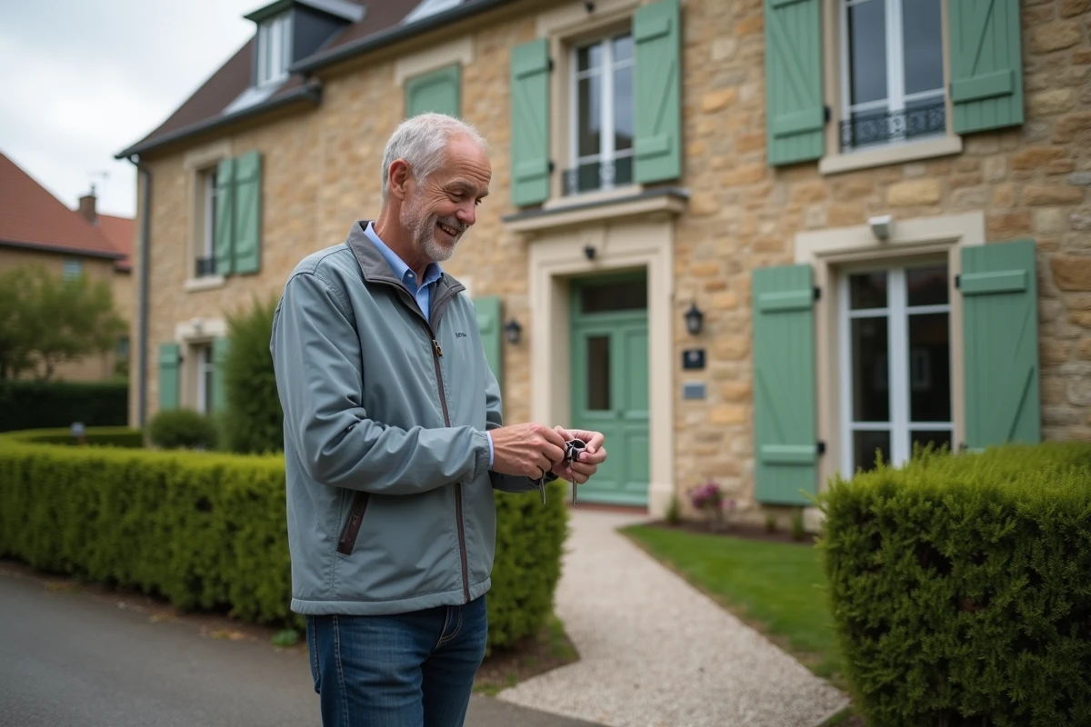 Propriétaire bailleur devant sa maison à louer tenant les clés du logement