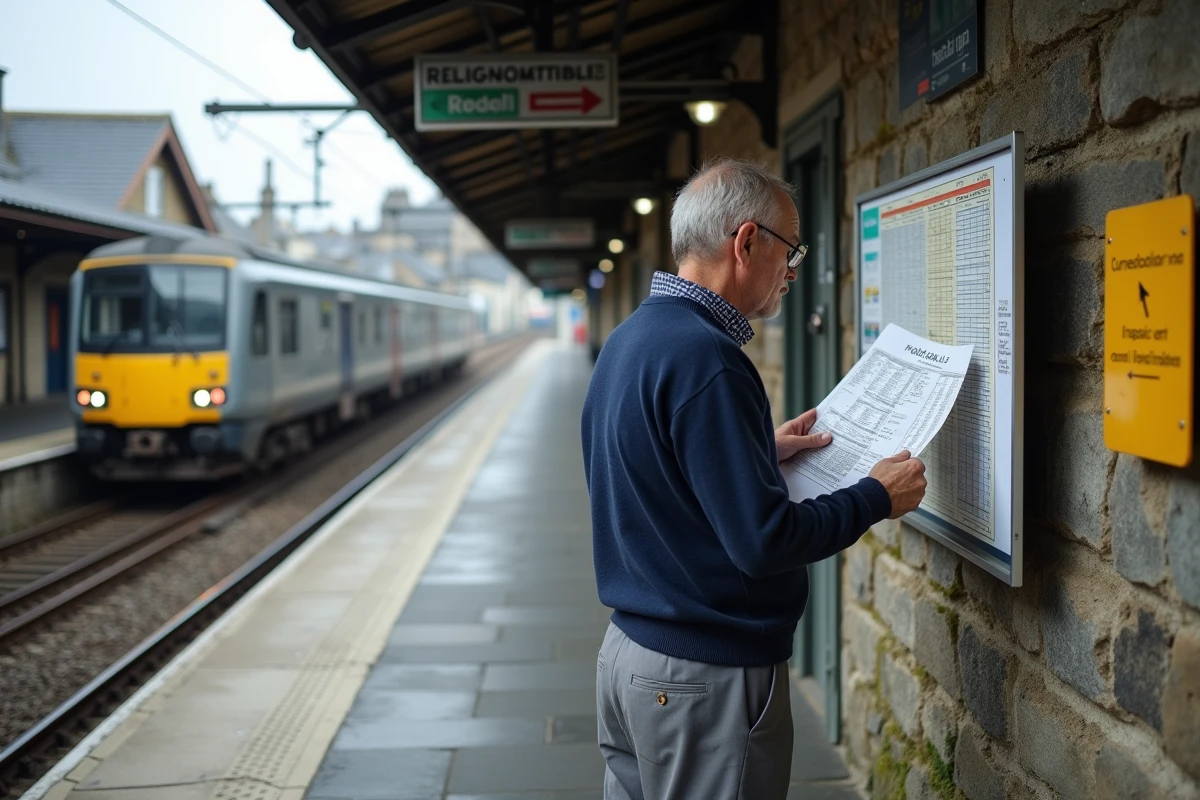 Voyageur consultant les horaires sur le quai d'une gare bretonne avec un train régional en arrière-plan