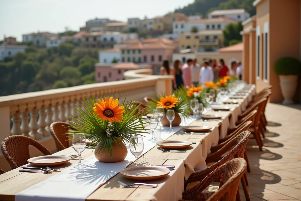 Table de réception de mariage décorée sur une terrasse en pierre avec vue sur un village du Cap Vert