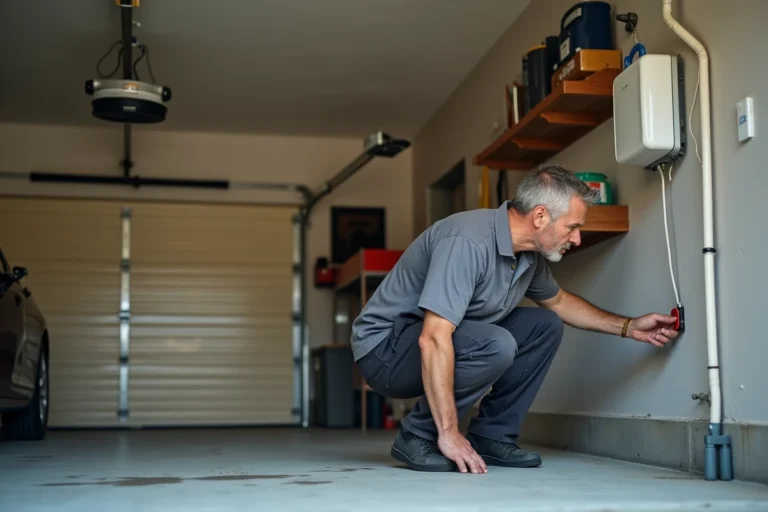 Homme appuyant sur le bouton de réinitialisation du moteur électrique d'une porte de garage sectionnelle La Toulousaine