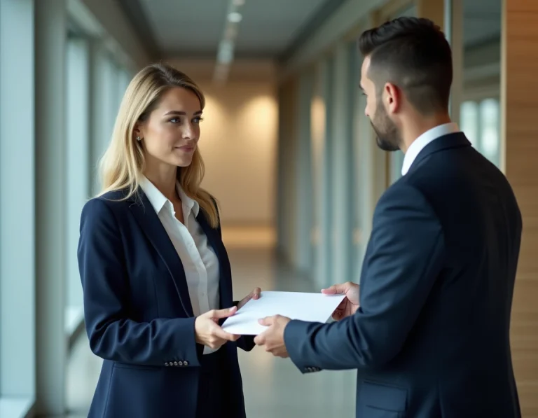 Femme professionnelle remettant une lettre en main propre à un collègue dans un couloir de bureau moderne