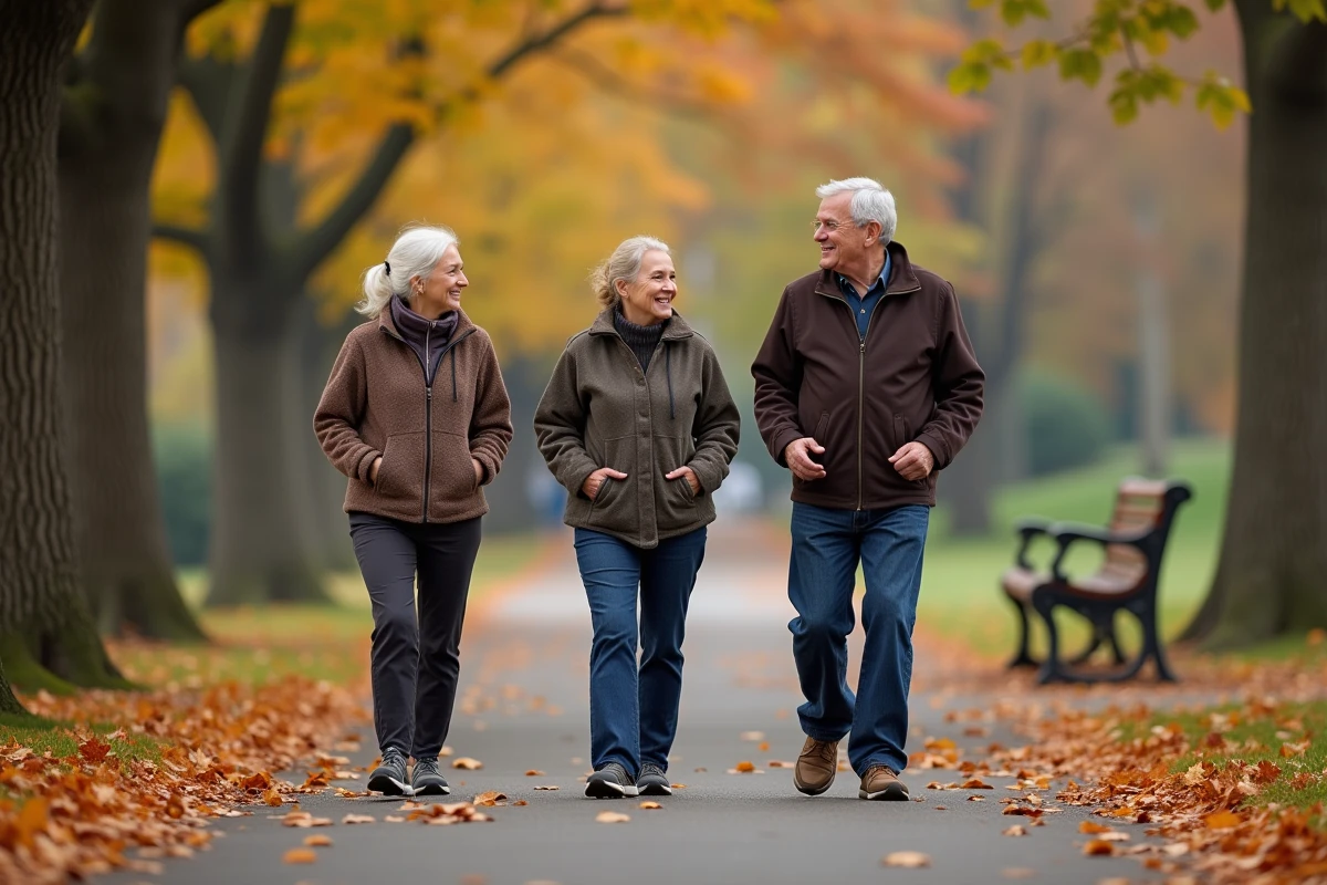 Groupe de retraités qui se promènent ensemble dans un parc en automne, activité physique et lien social pour bien vieillir