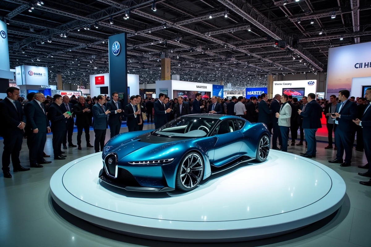 Salon automobile international avec voiture concept futuriste sur podium tournant, visiteurs et journalistes dans un grand hall d'exposition