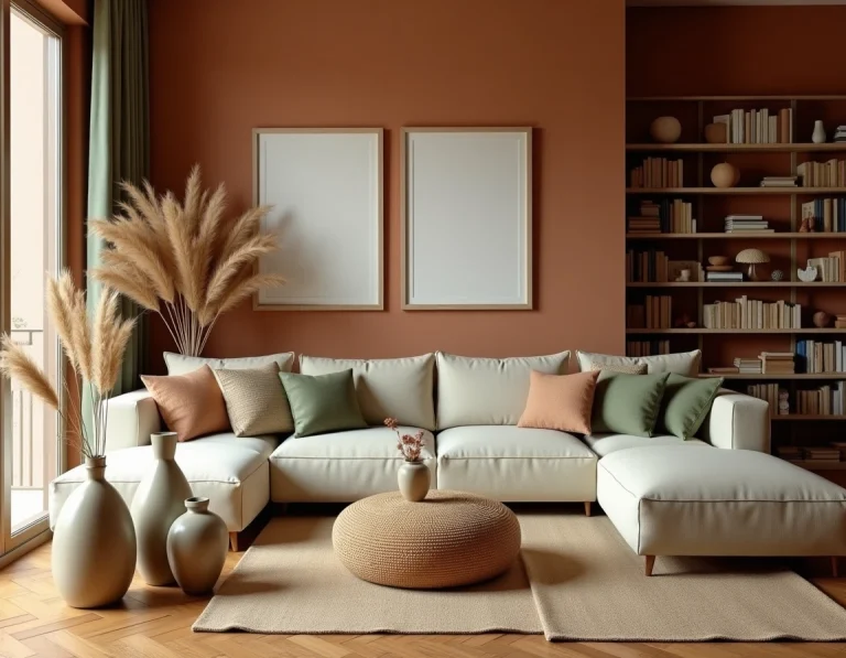 Salon moderne décoré avec les tendances 2024 : canapé en lin, tons terreux et vert sauge, sol en parquet de chêne et vases en céramique
