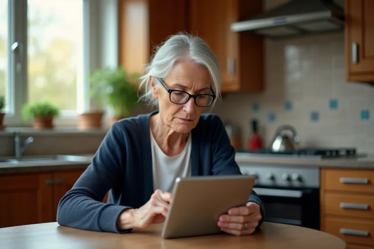 Une senior de 70 ans utilisant une tablette numérique pour accéder à des services d'aide à domicile adaptés
