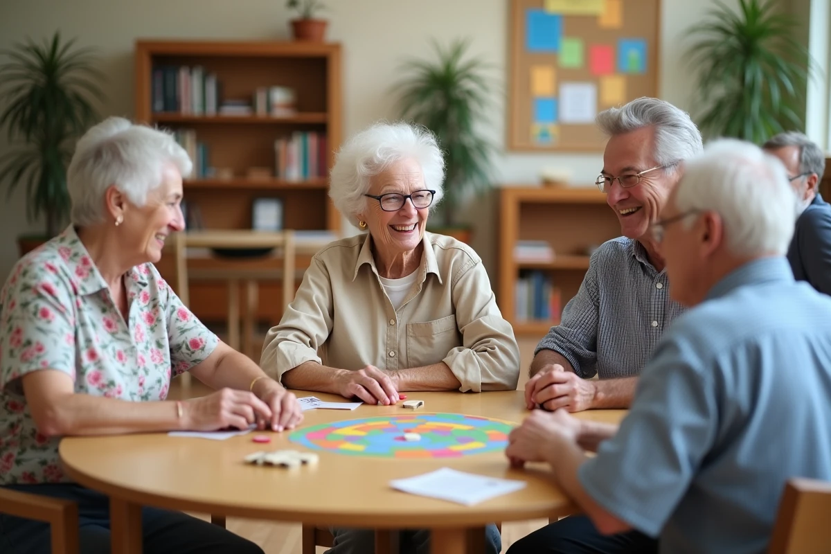 Groupe de seniors jouant à un jeu de société dans un centre communautaire favorisant le lien social et le bien-être