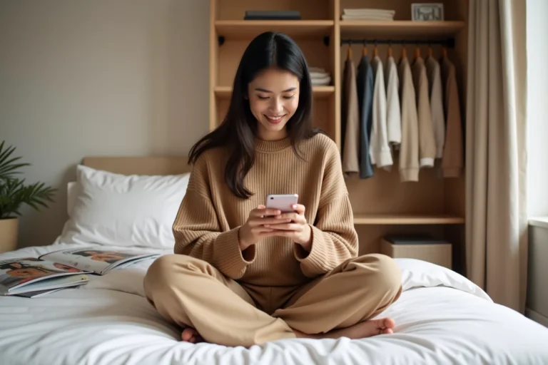Jeune femme consultant une application de shopping mode sur smartphone, assise sur un lit minimaliste avec des vêtements tendance visibles en arrière-plan