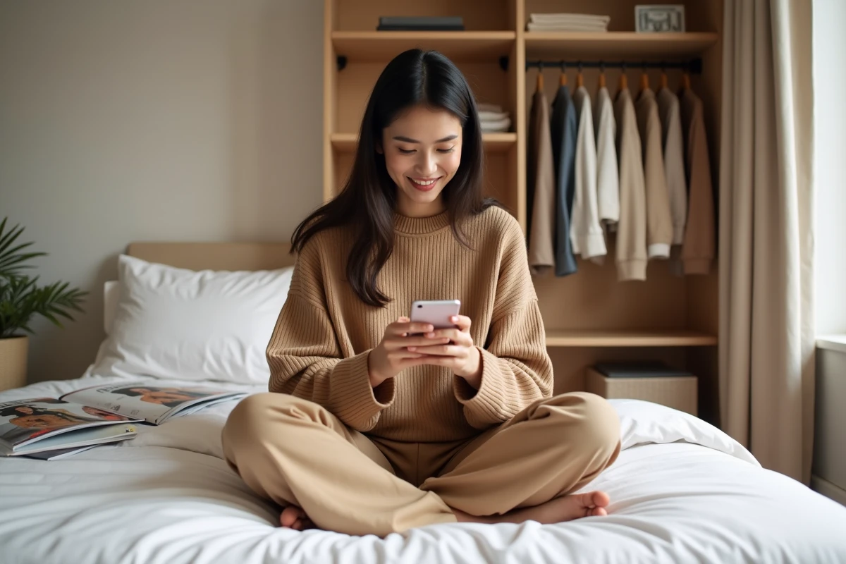 Jeune femme consultant une application de shopping mode sur smartphone, assise sur un lit minimaliste avec des vêtements tendance visibles en arrière-plan