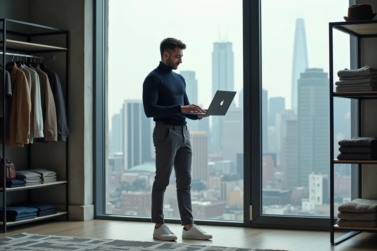 Homme trendy naviguant sur un site de mode en ligne avec un laptop dans un appartement urbain moderne aux murs en béton