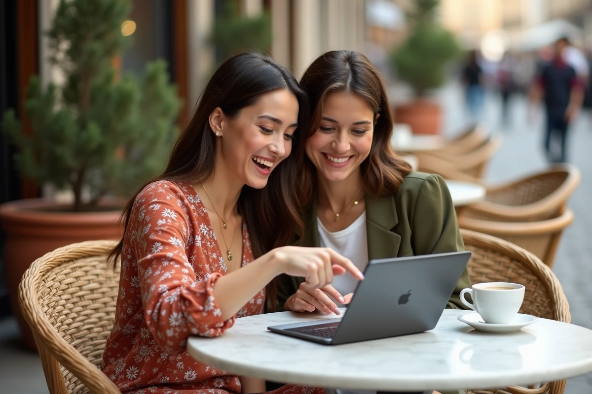 Deux femmes élégantes consultant ensemble un site de shopping mode sur tablette en terrasse de café dans un cadre urbain européen