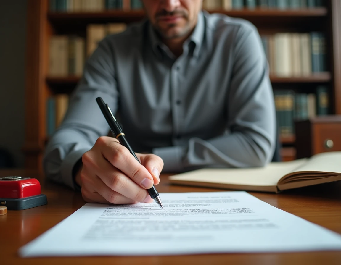 Homme signant un document officiel lors d'une remise en main propre contre signature dans un bureau administratif