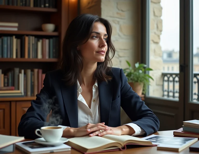 Sophie Hébrard assise à son bureau parisien, entourée de carnets et de photographies, dans une atmosphère de réflexion créative