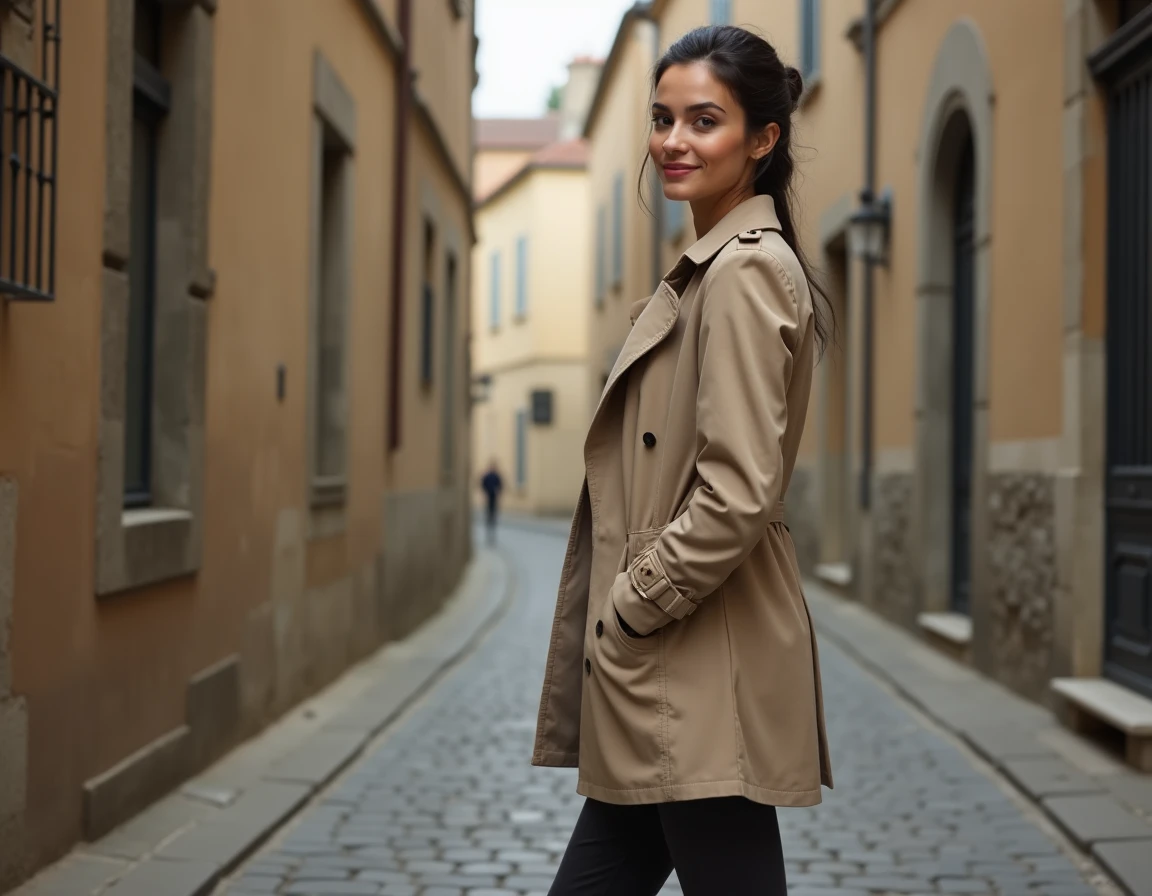 Femme dans une rue pavée d'une ville de province française, évoquant les origines et le parcours de Sophie Hébrard