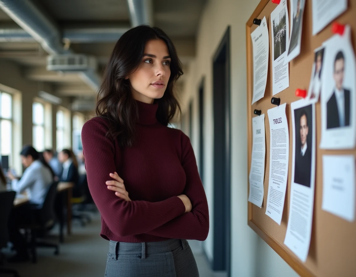 Sophie Hébrard dans une salle de rédaction devant un tableau éditorial, illustrant son parcours journalistique et professionnel