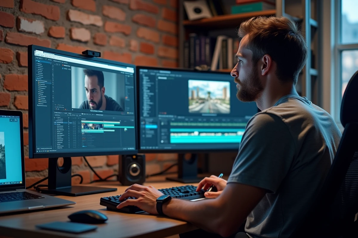 Homme en studio informatique synchronisant des sous-titres sur deux écrans avec un logiciel de téléchargement de sous-titres