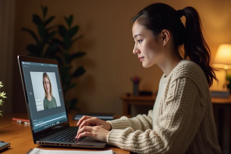 Jeune femme utilisant un ordinateur portable pour télécharger et synchroniser des sous-titres de vidéo avec un outil en ligne