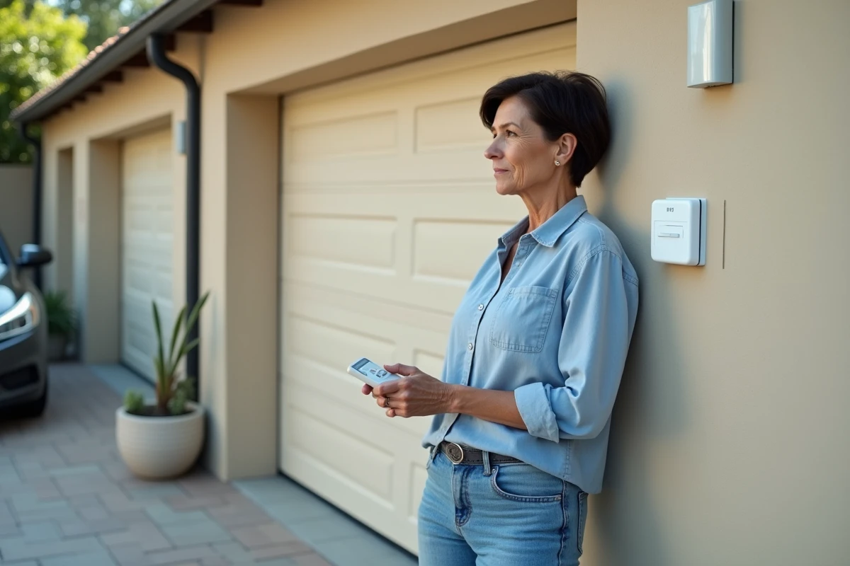 Femme utilisant une télécommande pour reprogrammer une porte de garage sectionnelle électrique La Toulousaine