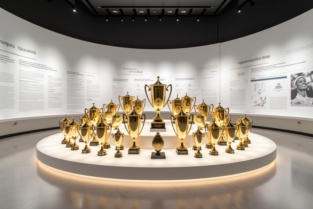 Collection de trophées de tennis dorés exposés dans un musée sportif prestigieux avec une chronologie de carrière en arrière-plan