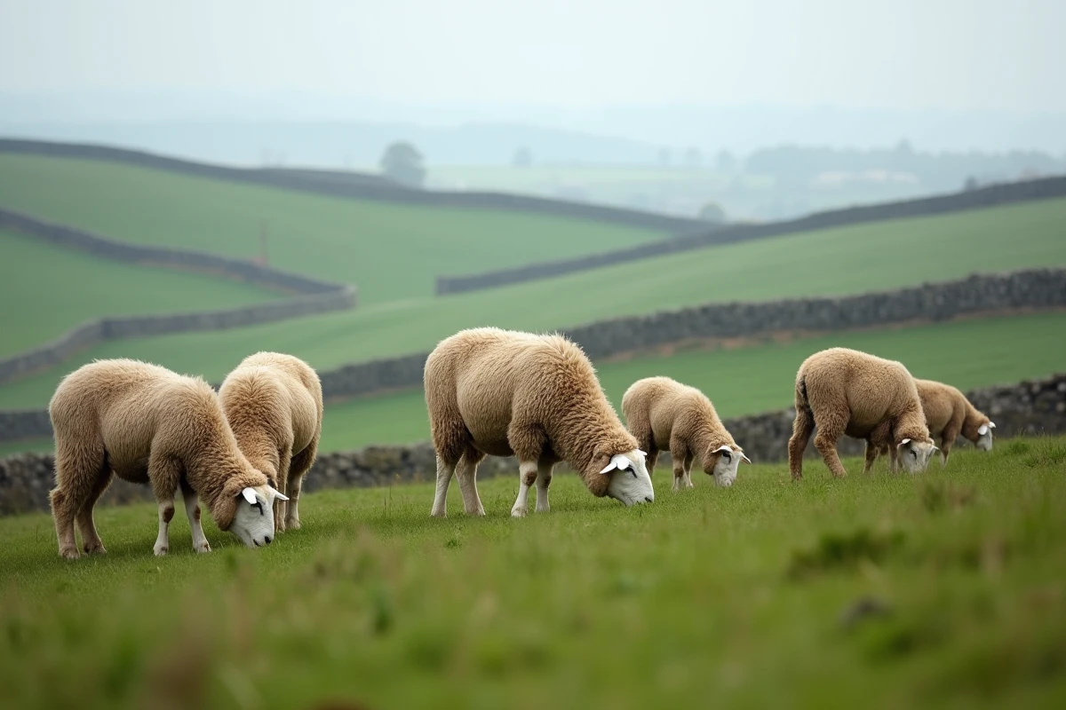 Troupeau de moutons Exlana paissant sur une colline verdoyante de la campagne anglaise, montrant leur toison brune autotondeuse caractéristique