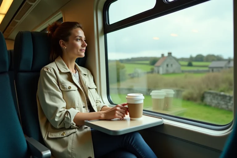 Femme sereine assise dans un train express régional en Bretagne, regardant le paysage breton défiler par la fenêtre