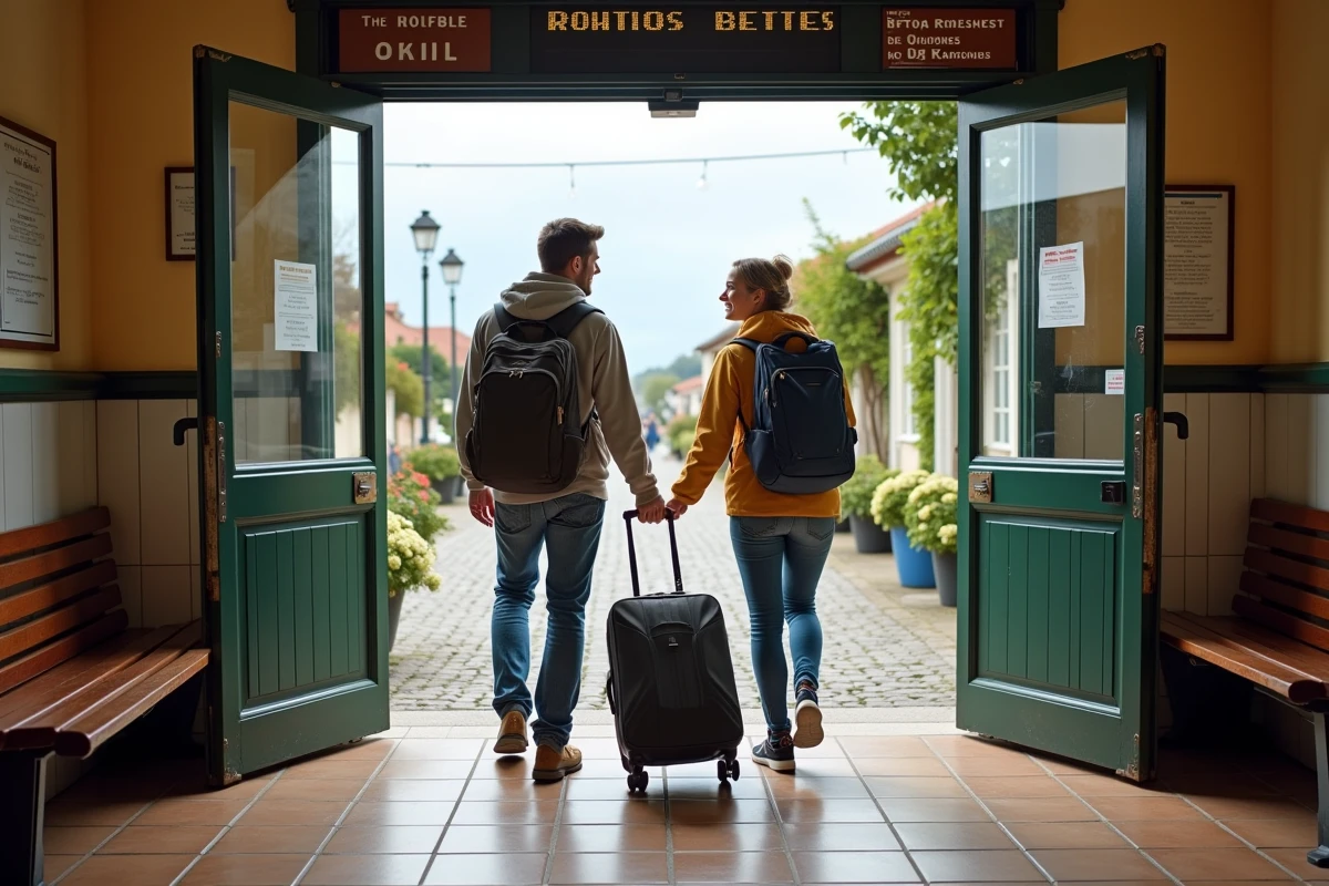 Deux voyageurs entrant dans une petite gare bretonne avec leurs sacs à dos, prêts à prendre le train régional