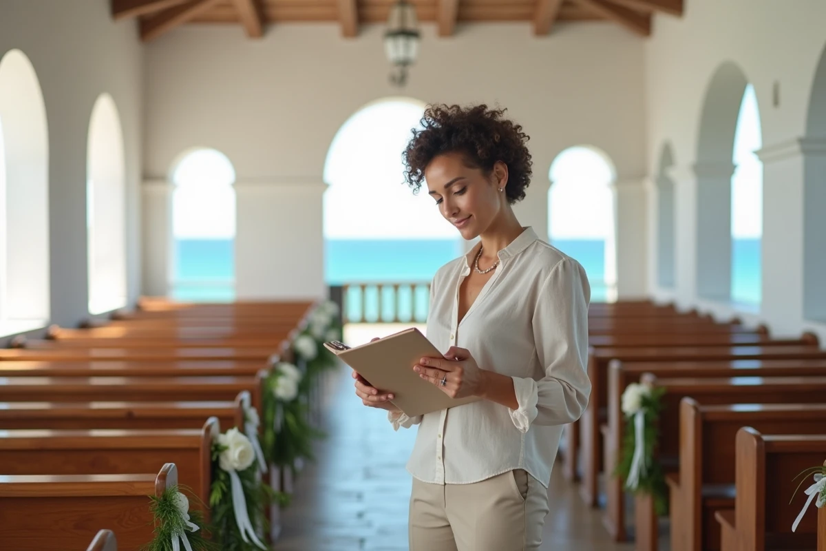 Wedding planner organisant une cérémonie de mariage dans une chapelle blanche traditionnelle au Cap Vert